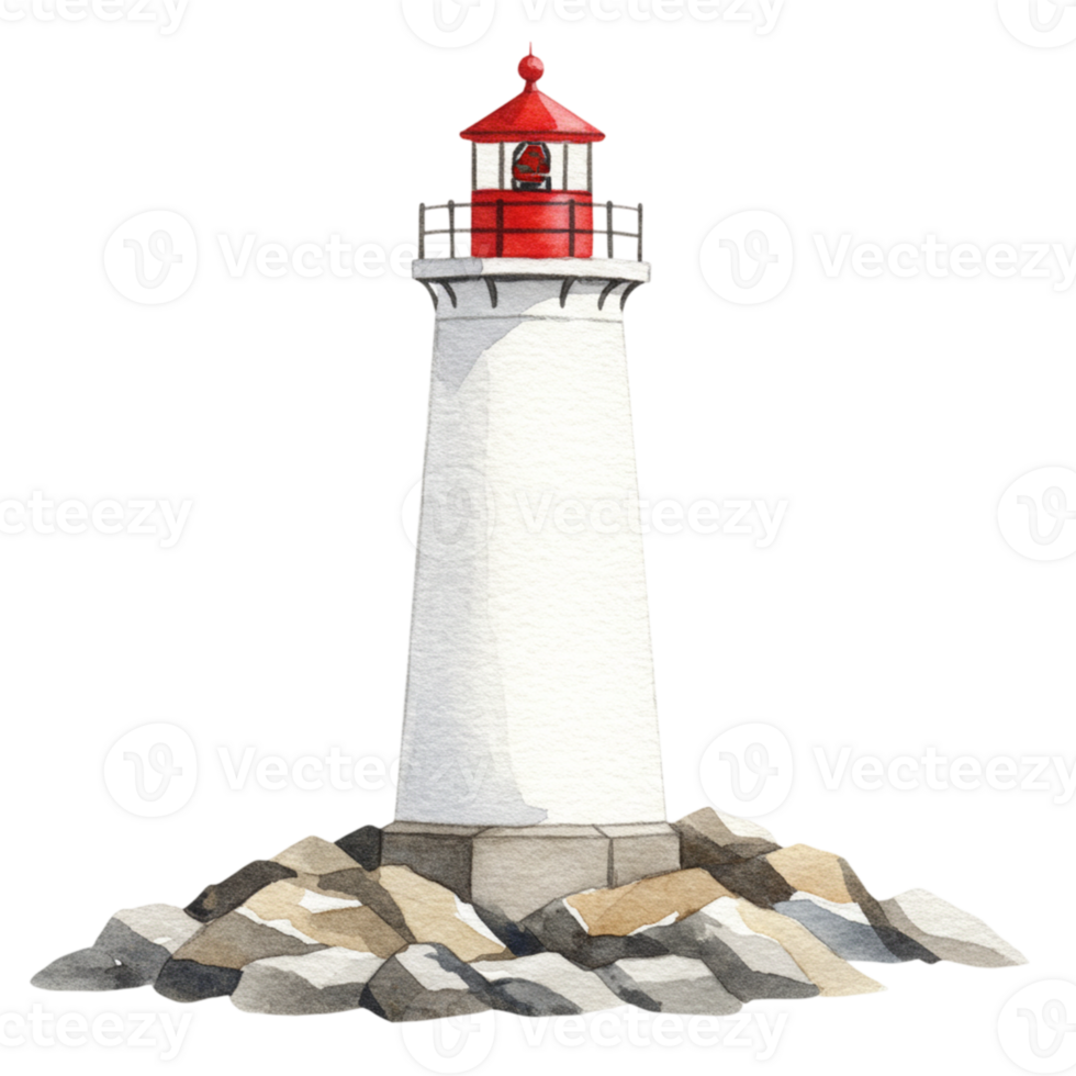 Watercolor Lighthouse Coastal Scene Red White Tower Rocks sea ocean beach guide cliff stone signal png