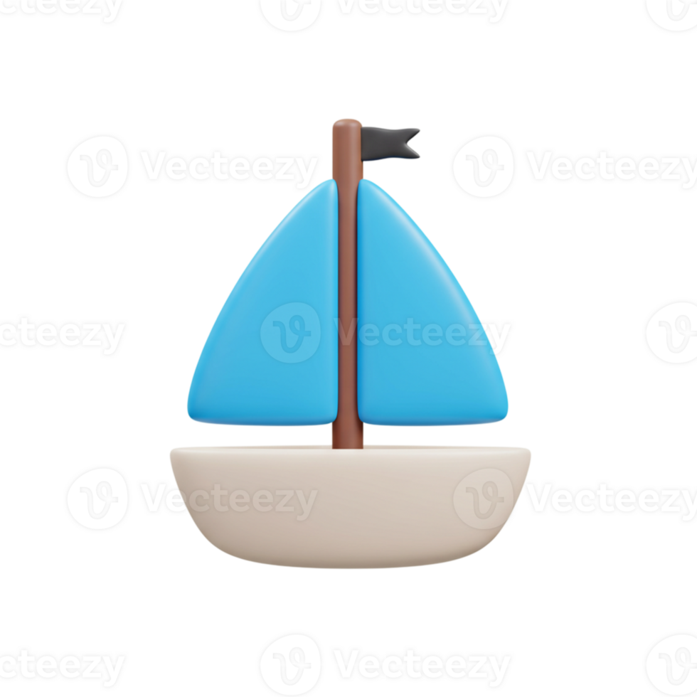 Cute Blue Sailboat 3D Render Isolated on Black Background Minimalist Summer Icon Design Sea Art png