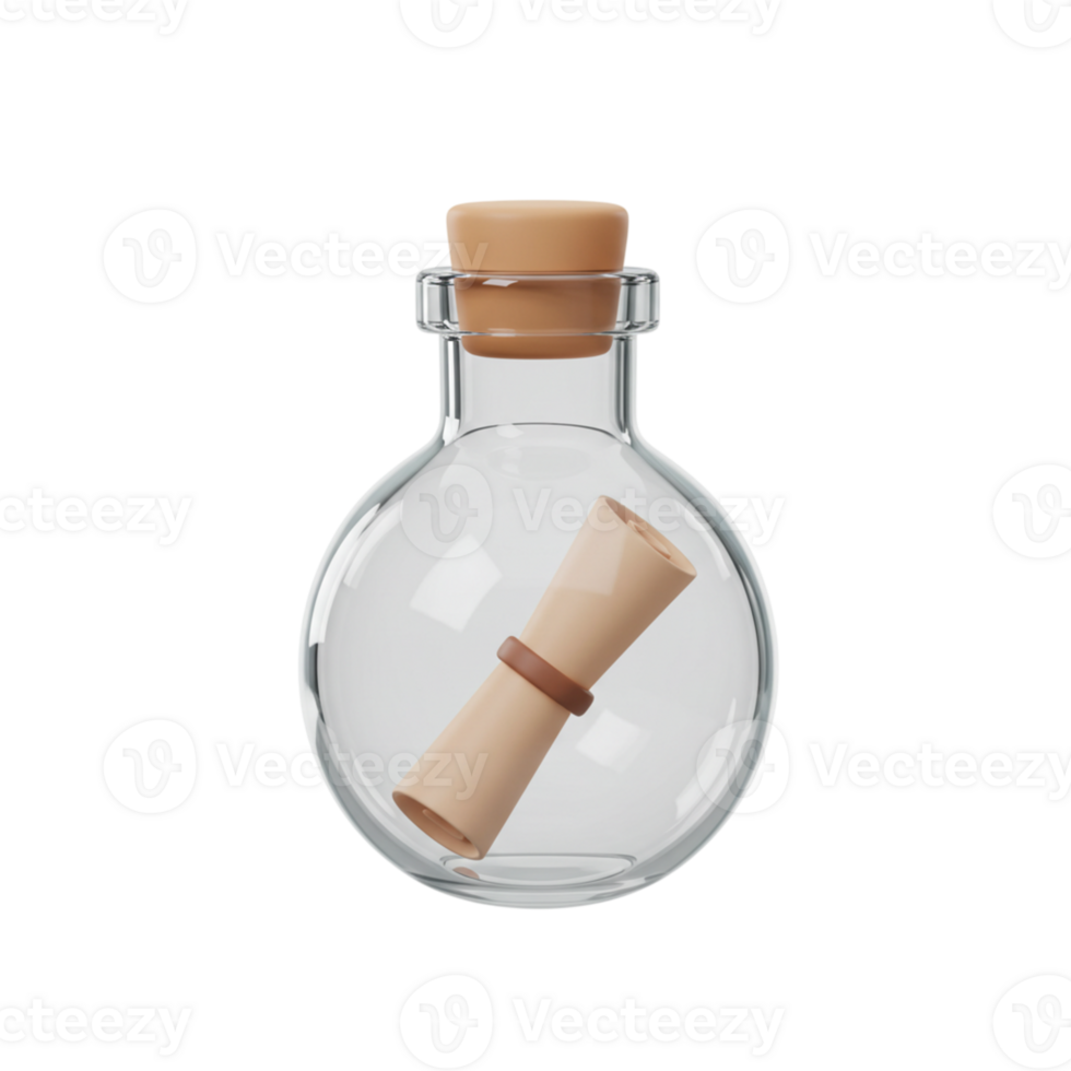 Message in a Bottle Glass Vessel Cork Seal Old Paper Scroll 3d note wish hope ocean dream letter png