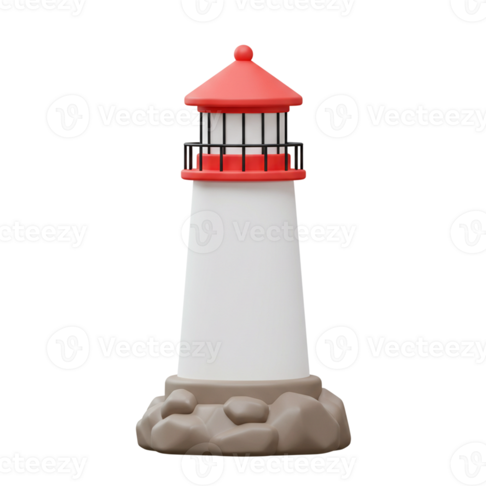 Cute Cartoon Lighthouse Red White Tower Icon Illustration 3D sea ocean guide model image symbol png