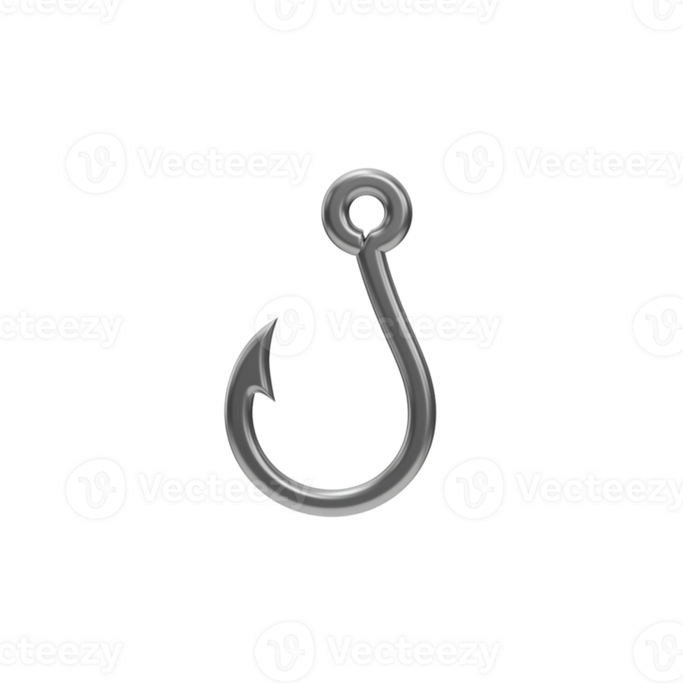 Metallic Fishing Hook Isolated on Black Background Detailed 3D Render Illustration grey tool bait png