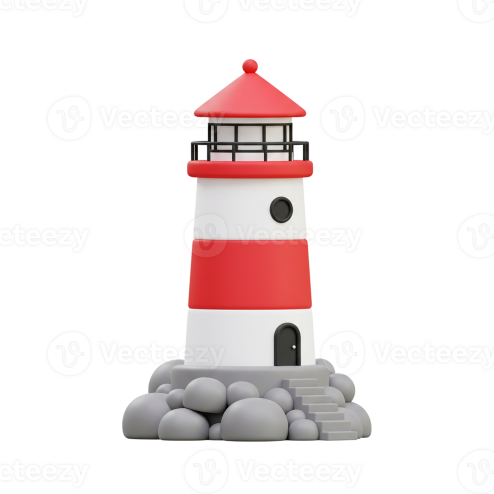 Red and White Lighthouse 3D Model Coastal Scene Rocks sea icon ocean tower image render symbol png