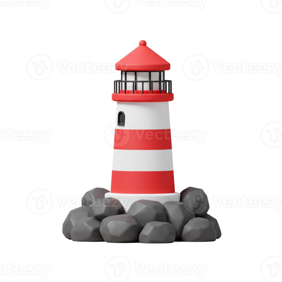 Red and White Lighthouse 3D Model on Rocks Dark Background Illustration sea hope icon ocean coast png