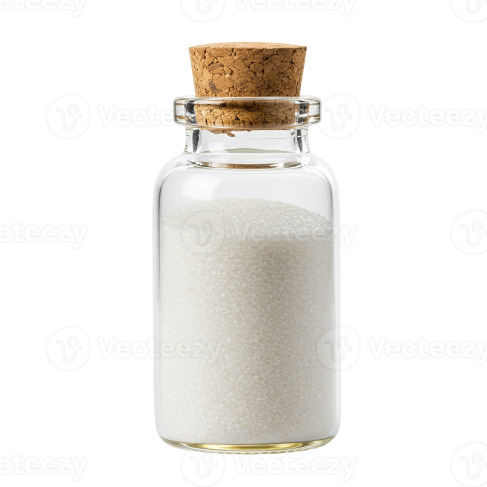 Small Glass Bottle Filled with White Granules Cork Top macro studio object design health grains png