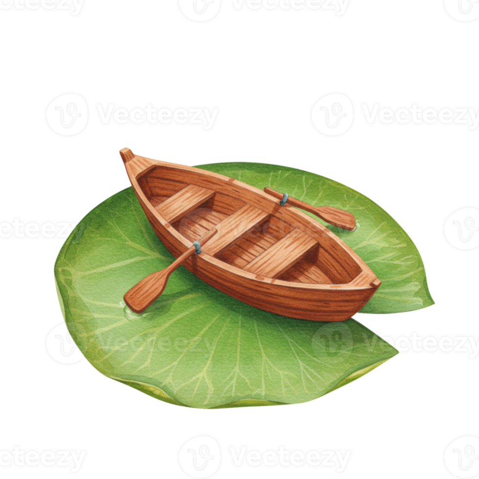 Charming Wooden Rowboat on Giant Lily Pad Peaceful Summer Scene Illustration Art Calm Oars Leaf png