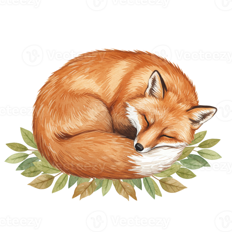 Adorable Red Fox Sleeping Peacefully on Leaves Watercolor Illustration Art Cute Cozy Rest Card Image png