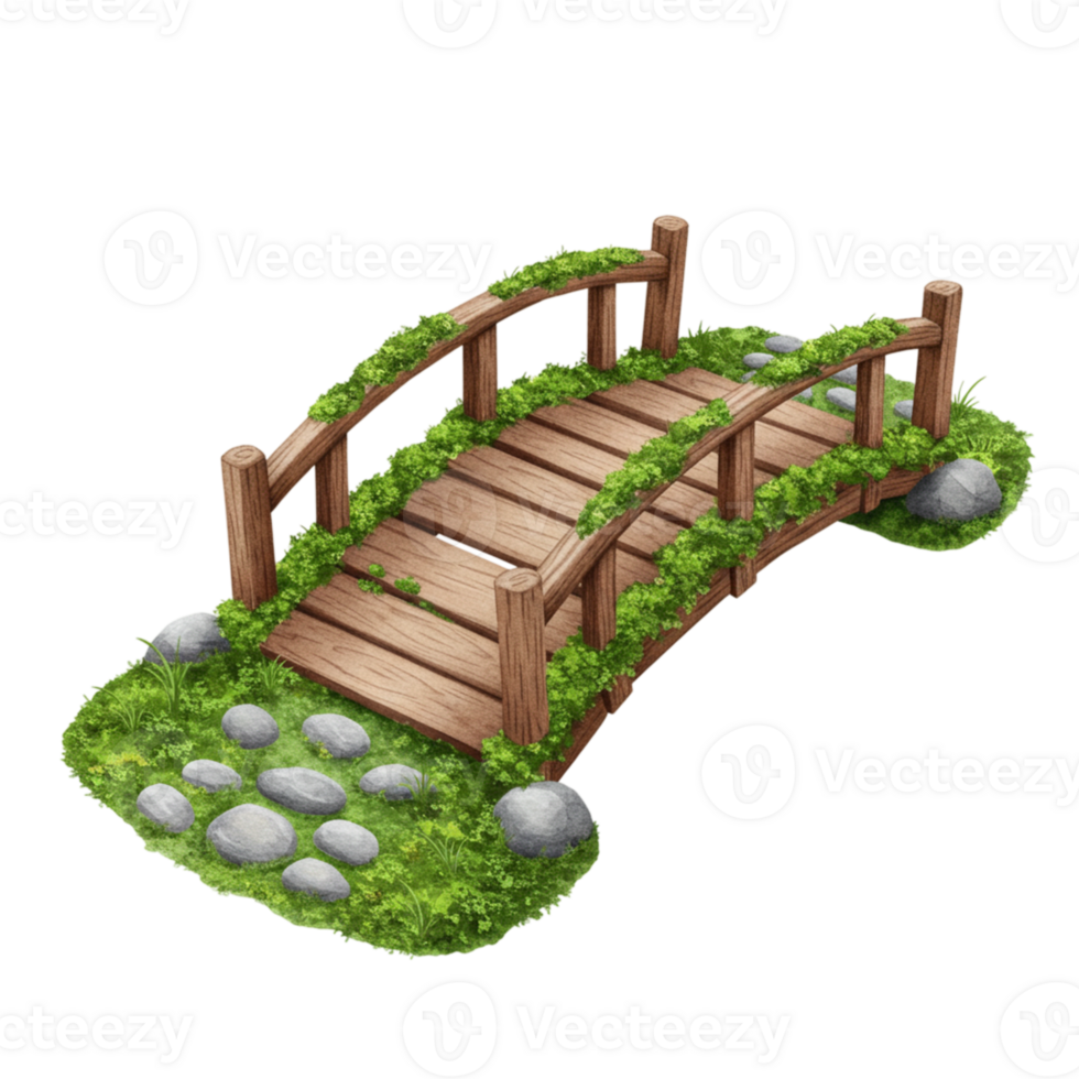 Charming Wooden Footbridge Lush Green Moss Garden Design path cute arch stone grass rocks nature png
