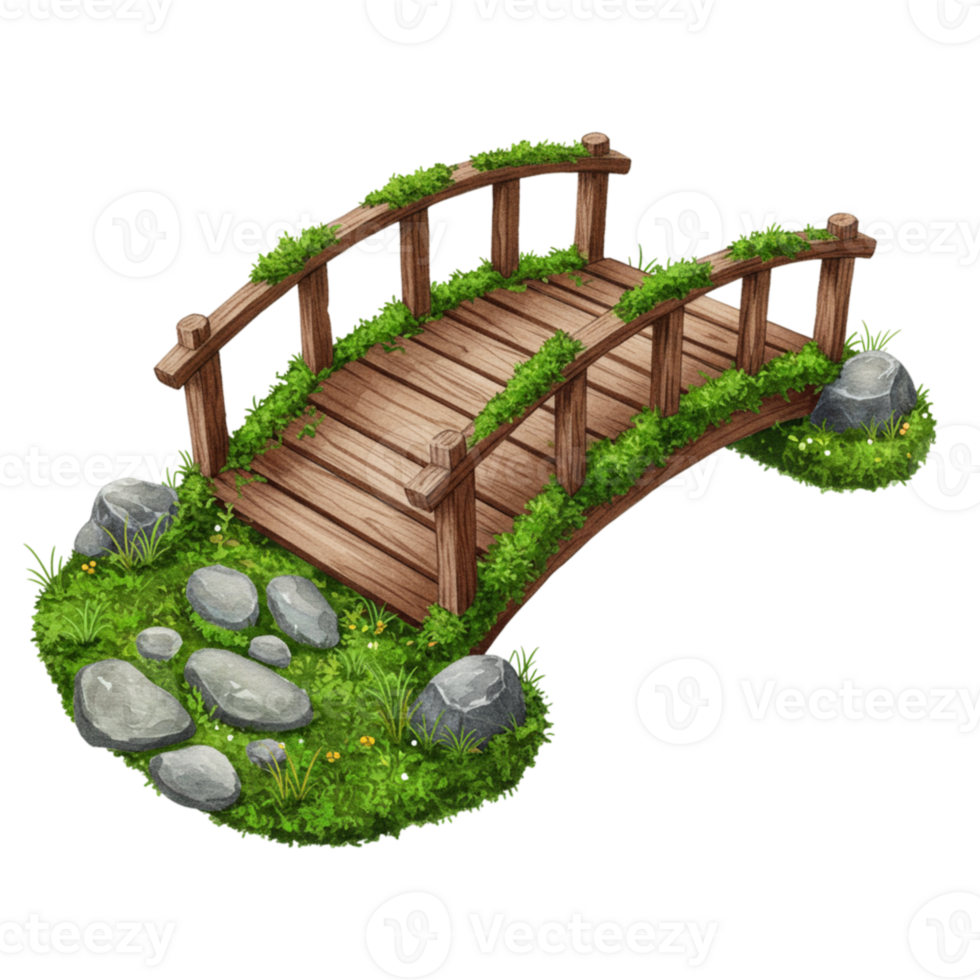 Charming Wooden Bridge Over Green Mossy Banks Scenic Nature Illustration path arch cute game rocks png