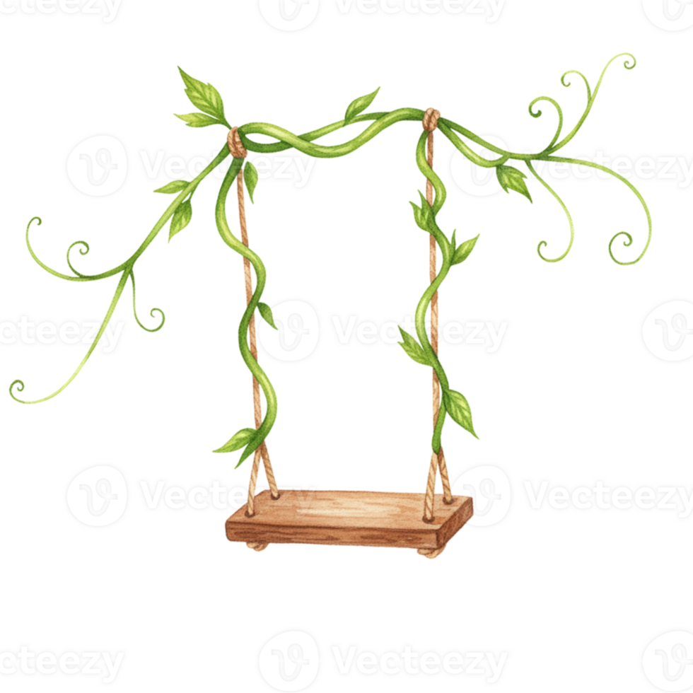 Enchanted Vine Swing Watercolor Illustration Nature Wooden Swing Set Art Rope Green Plant Fairy png