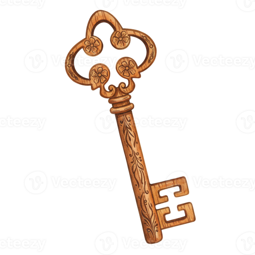 Antique Ornate Wooden Key Watercolor Illustration Vintage Design Element old art lock brown retro png