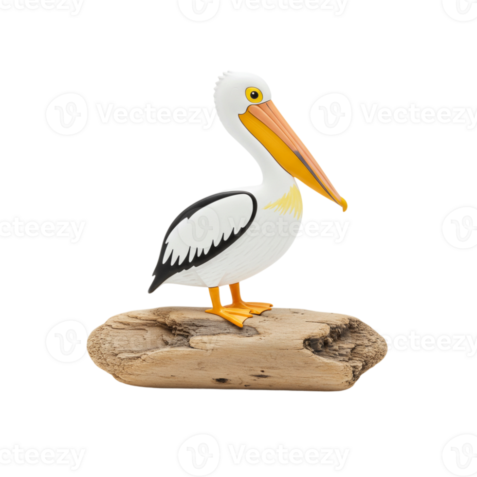 White Pelican Bird Figurine on Driftwood Coastal Decor Art Craft Ocean Beach Black Animal Nature png
