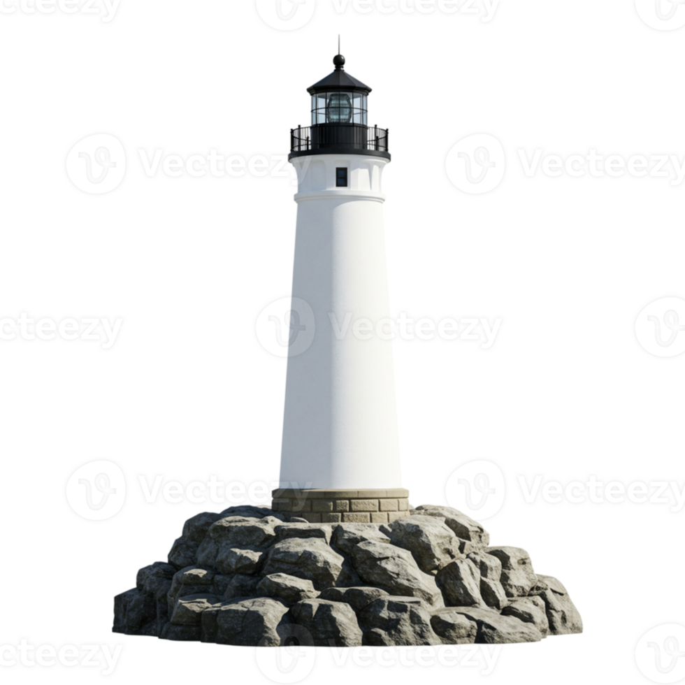 Isolated White Lighthouse on Rocky Shore Dramatic Ocean View 3d sea coast rocks tower cliff stone png
