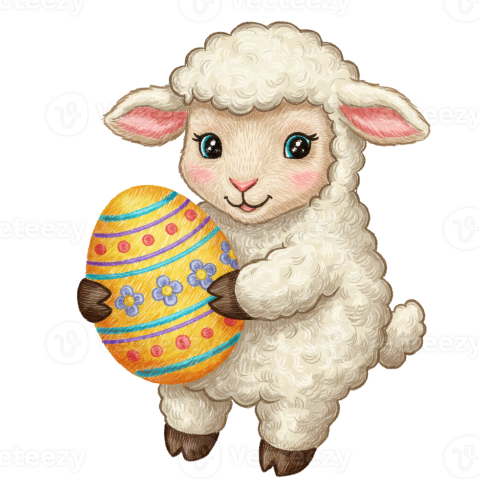 Adorable Easter Lamb Holding Decorated Egg Spring Holiday Illustration Art Cute Sweet Happy Image png