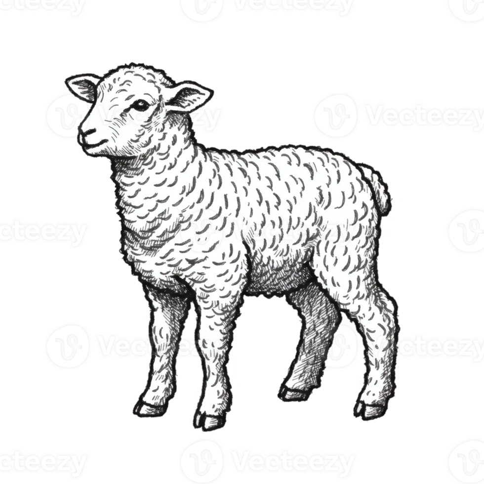 Adorable Little Lamb Black White Ink Drawing Farm Animal art pet cute wool sheep young nature sketch png