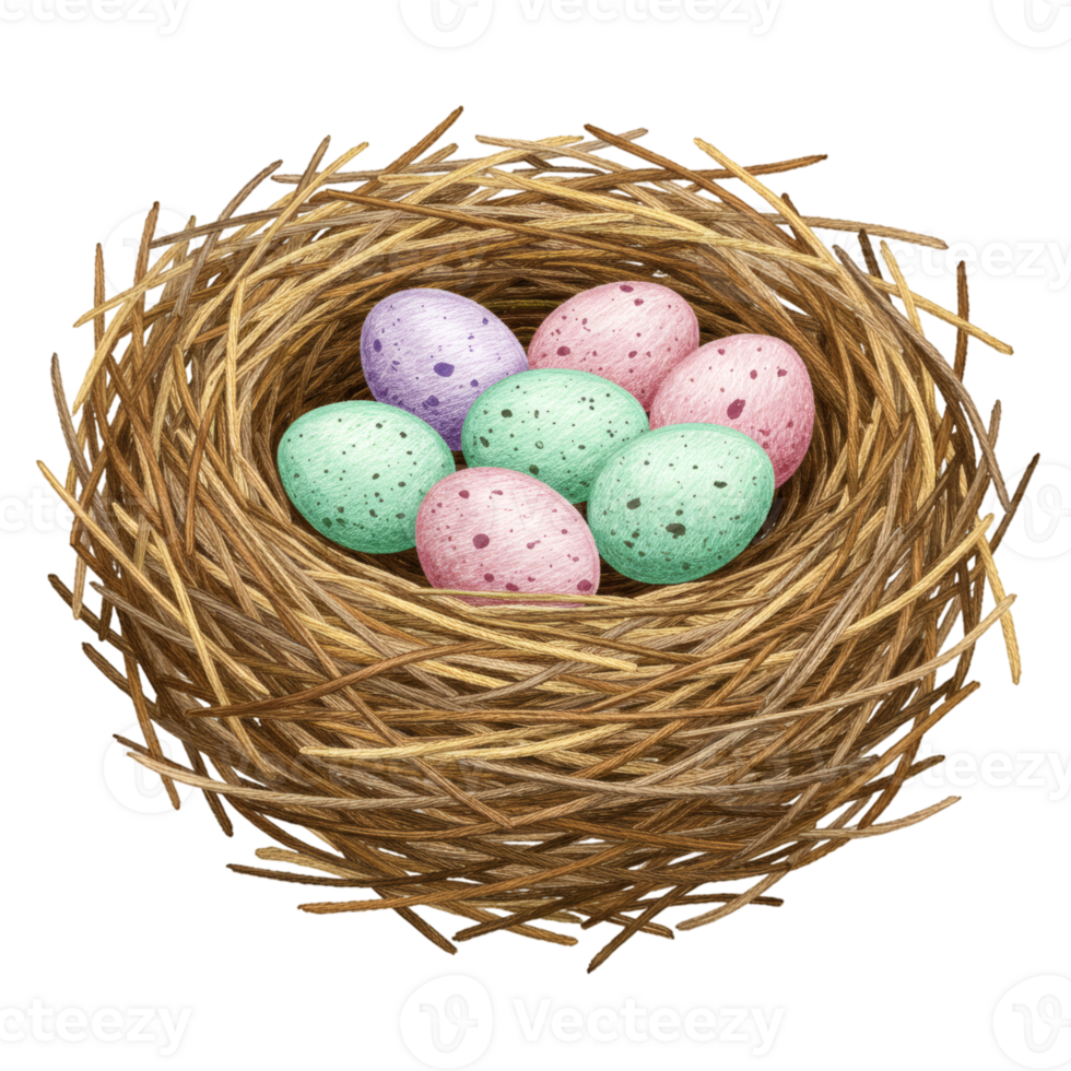 Pastel Speckled Bird Eggs in Rustic Nest Spring art cute nature design pretty easter holiday pattern png