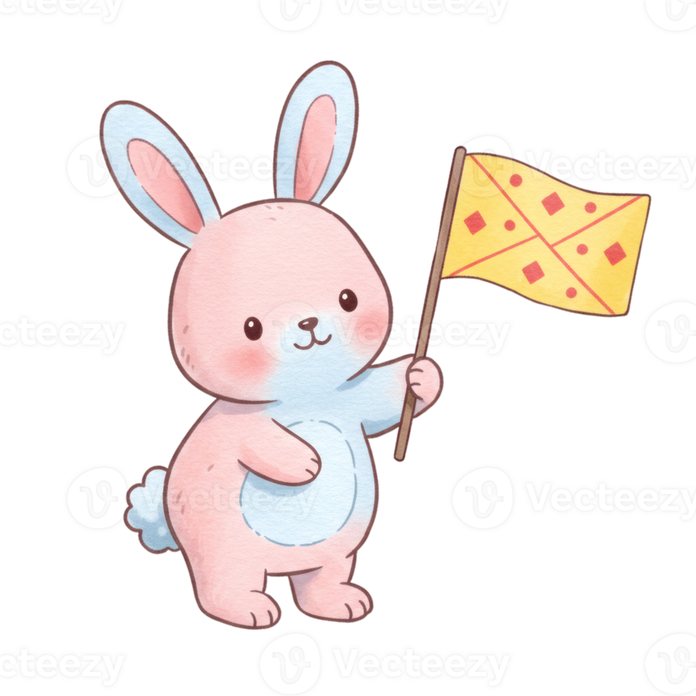 Cute Pink Bunny Rabbit Holds Small Yellow Flag Illustration art kids icon child happy sweet image png