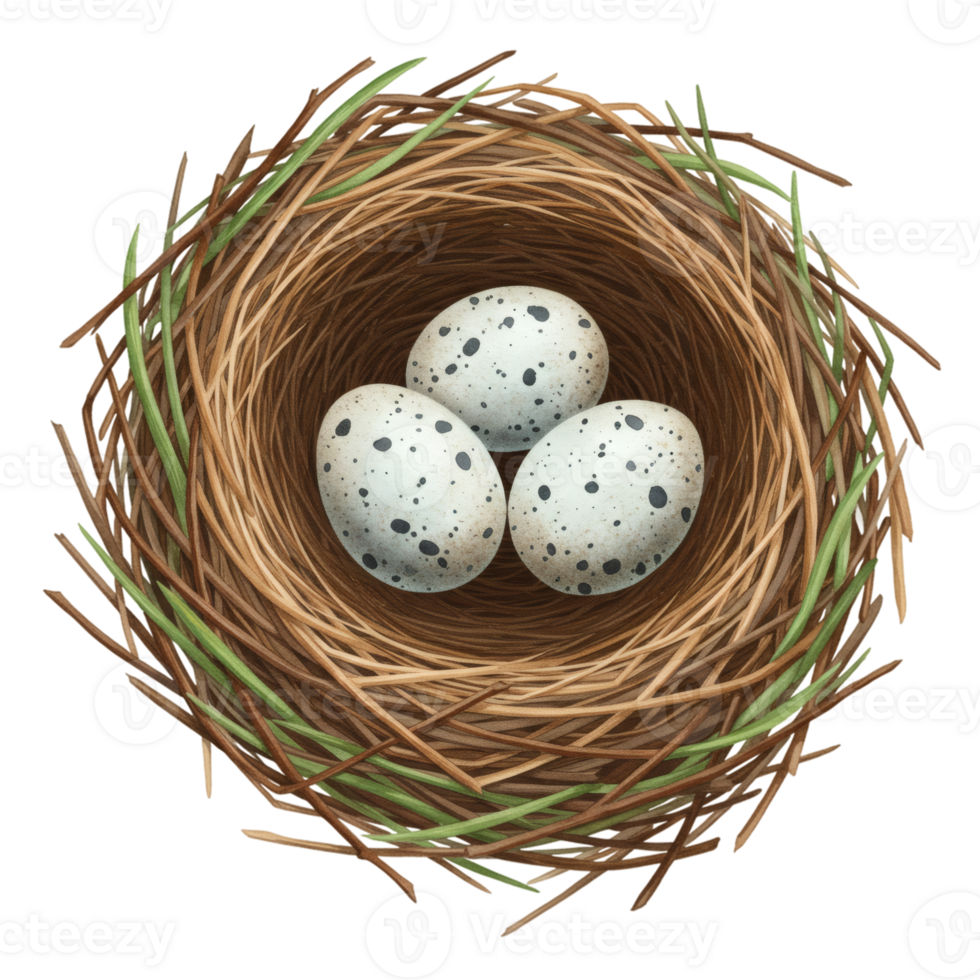 Three Speckled Bird Eggs in Rustic Nest Spring Nature art life avian brown green white black design png