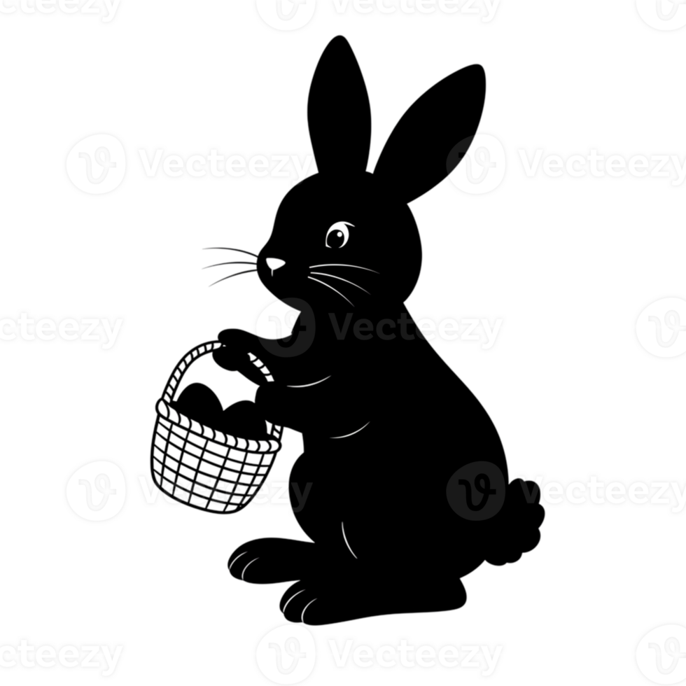 Cute Easter Bunny Silhouette Holding Basket of Eggs Graphic art card icon white black sweet image png