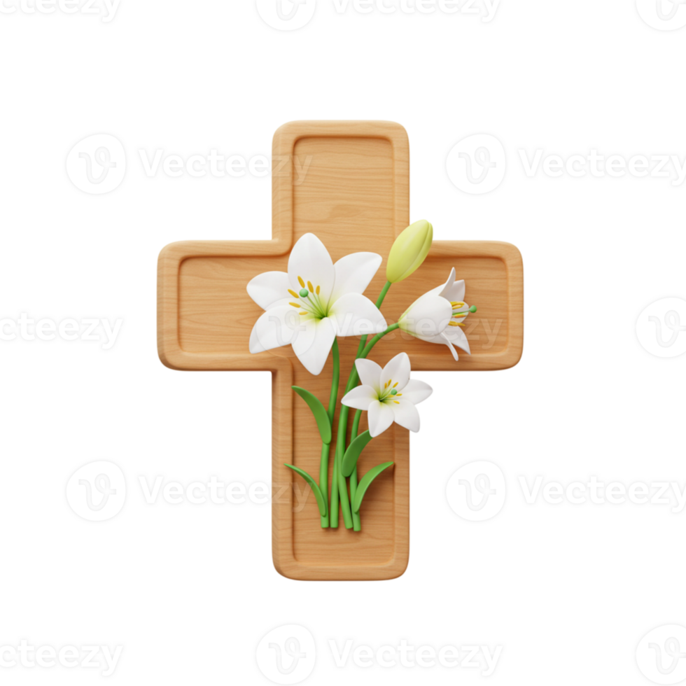 Easter Wooden Cross Adorned with White Lilies Spring Floral Design 3D Hope Faith Peace Image Symbol png