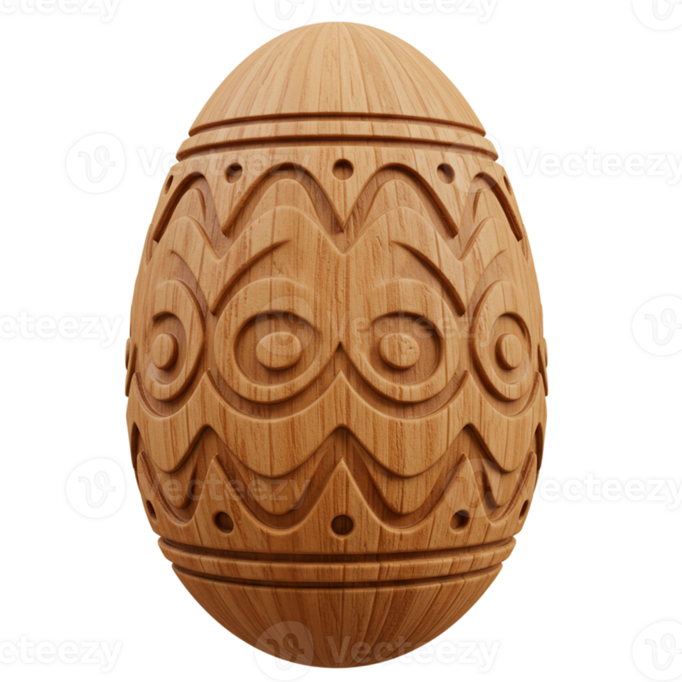Elegant Wooden Easter Egg Intricate Carving Design Natural Brown 3D Art Craft Spring Symbol Render png