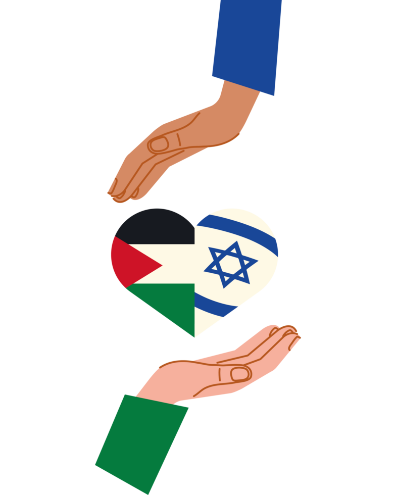 palestine and israel flags in heart with hands protecting illustration png