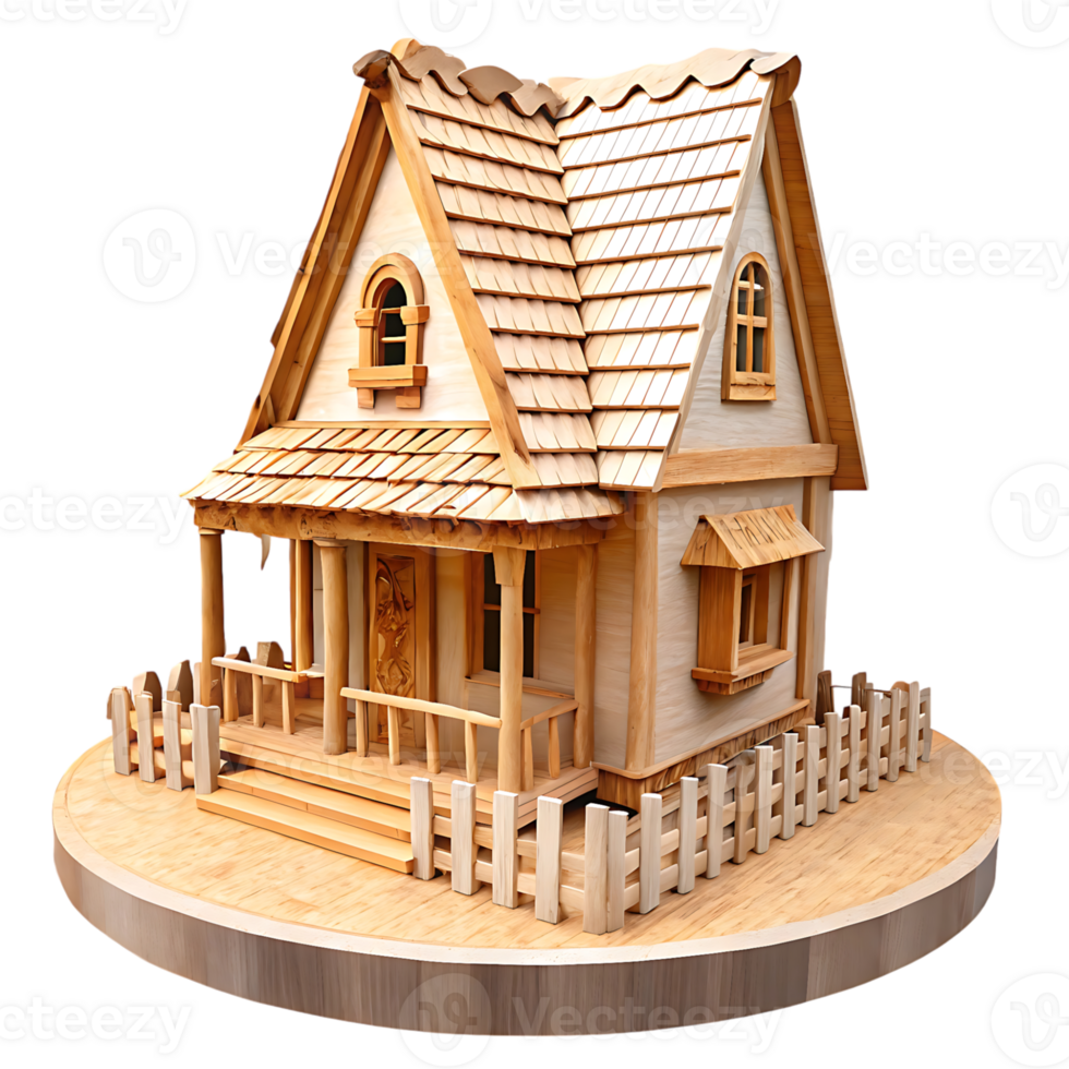 A charming miniature wooden house with a shingled roof and picket fence, exquisitely crafted and displayed on a circular wooden base png