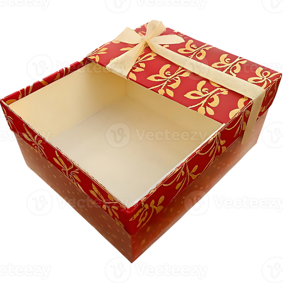 Elegant Red and Gold Gift Box with Cream Interior and Satin Ribbon png