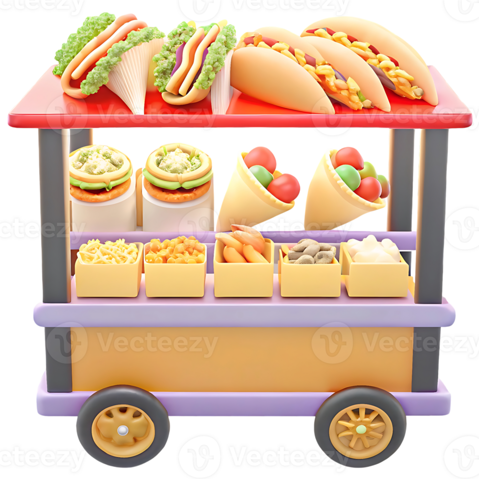 A delightful 3D rendering of a vibrant food cart overflowing with a tempting array of delicious treats png
