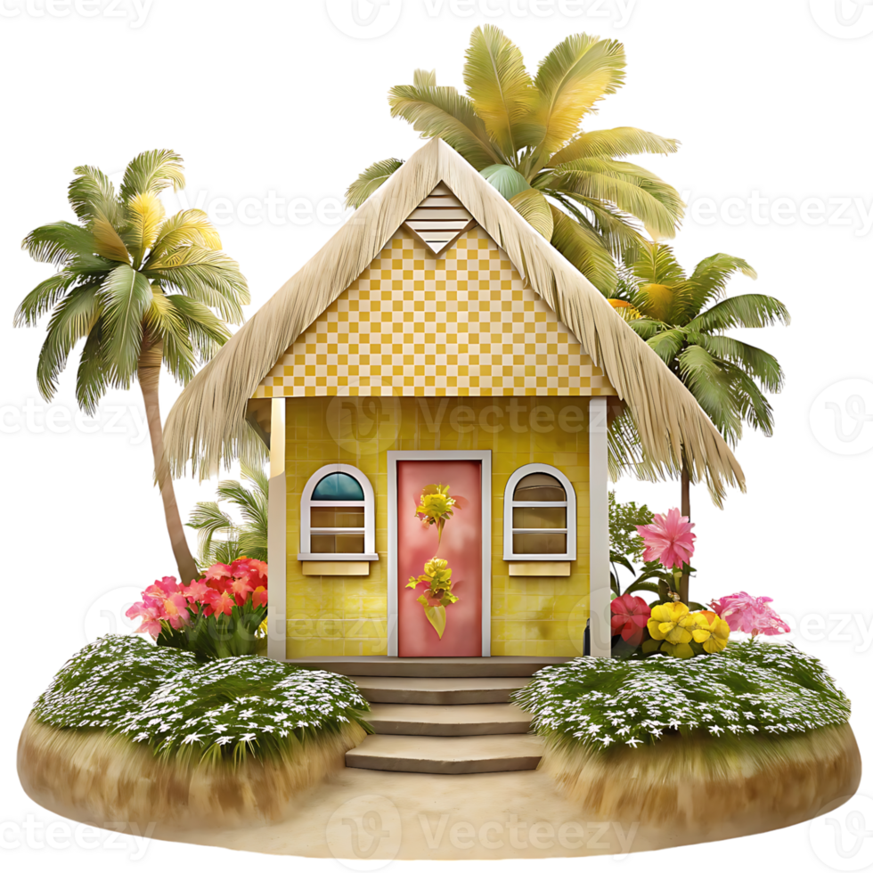Charming Yellow Tropical Beach House with Palm Trees and Flowers png