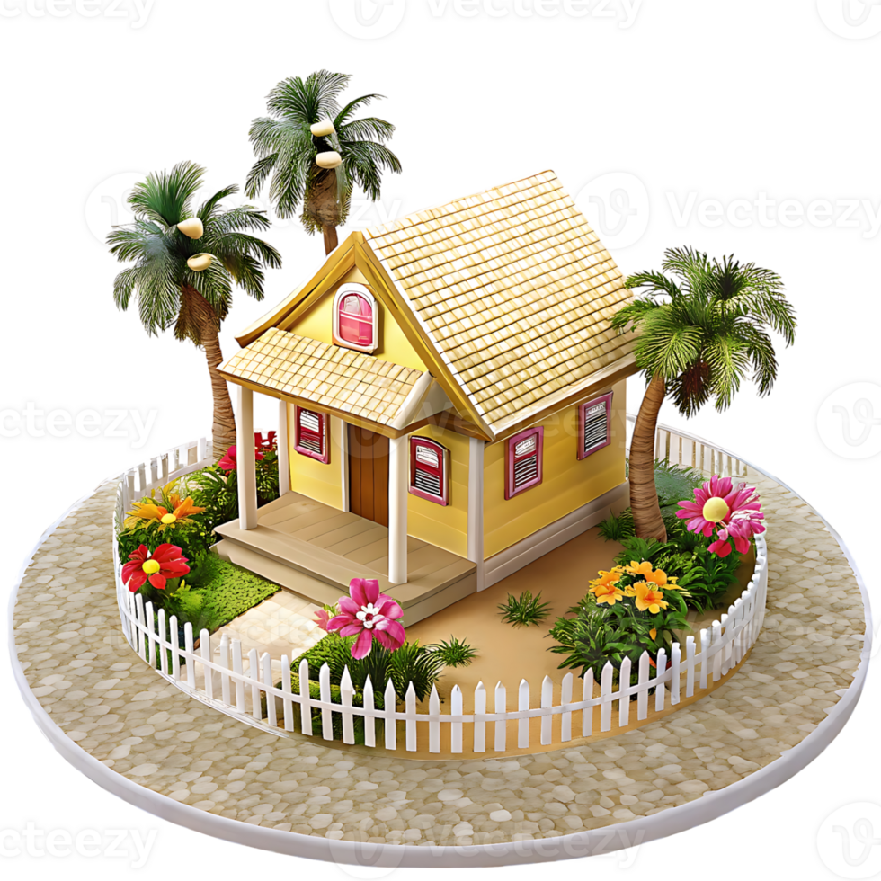 Charming Yellow Beach House with Palm Trees and White Fence png