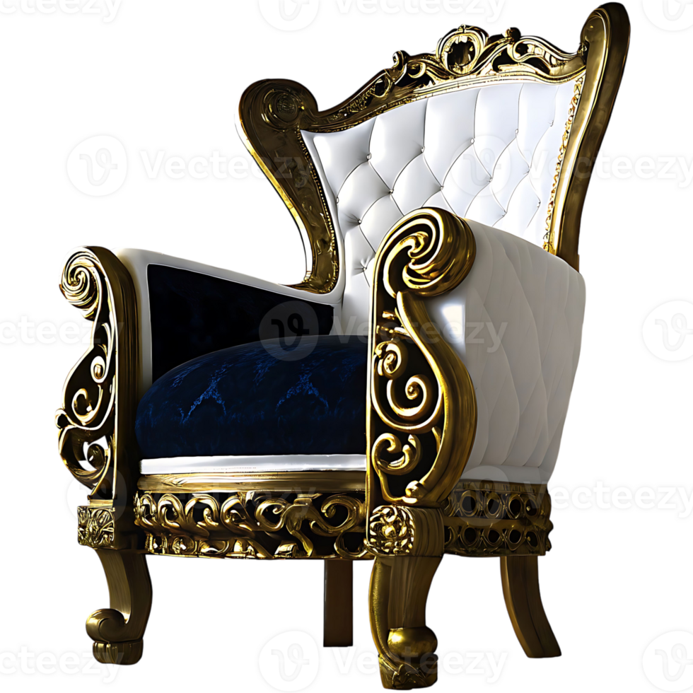 Opulent Gold and White Baroque Style Armchair with Deep Blue Velvet Seat Cushion png