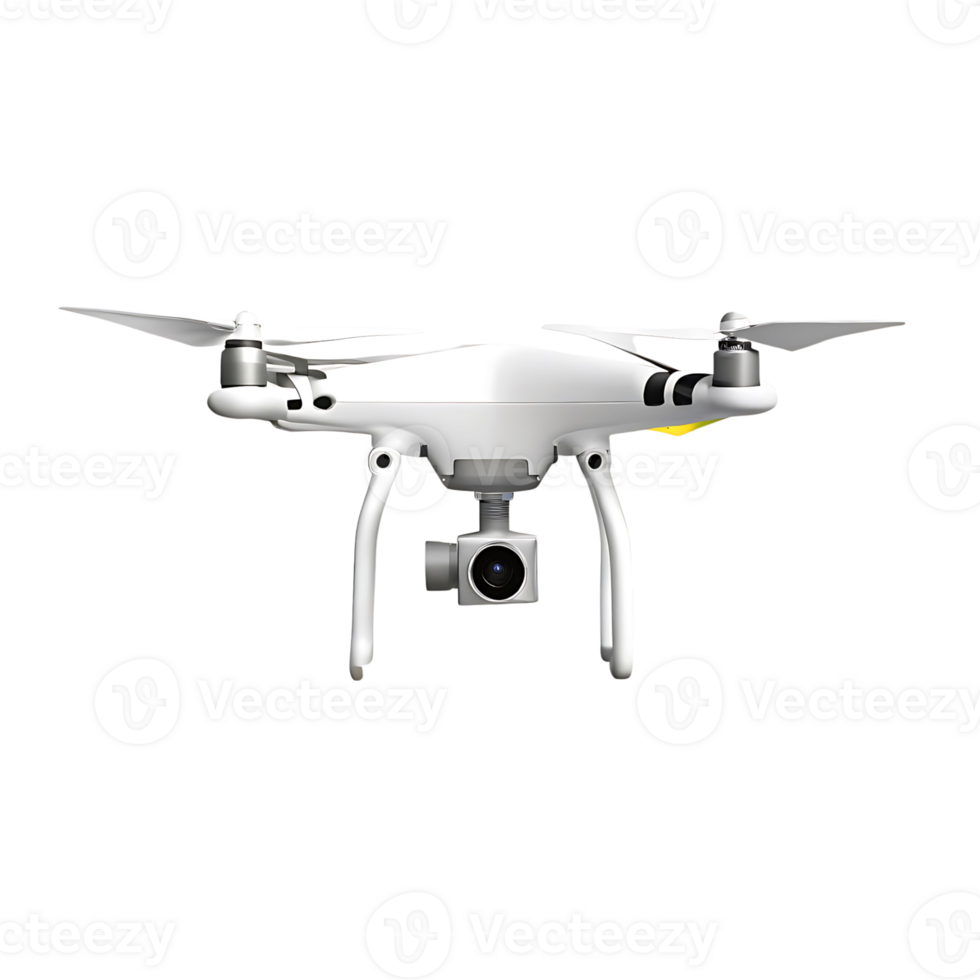 A white quadcopter drone with a high definition camera is shown in this , ready for flight and aerial photography png
