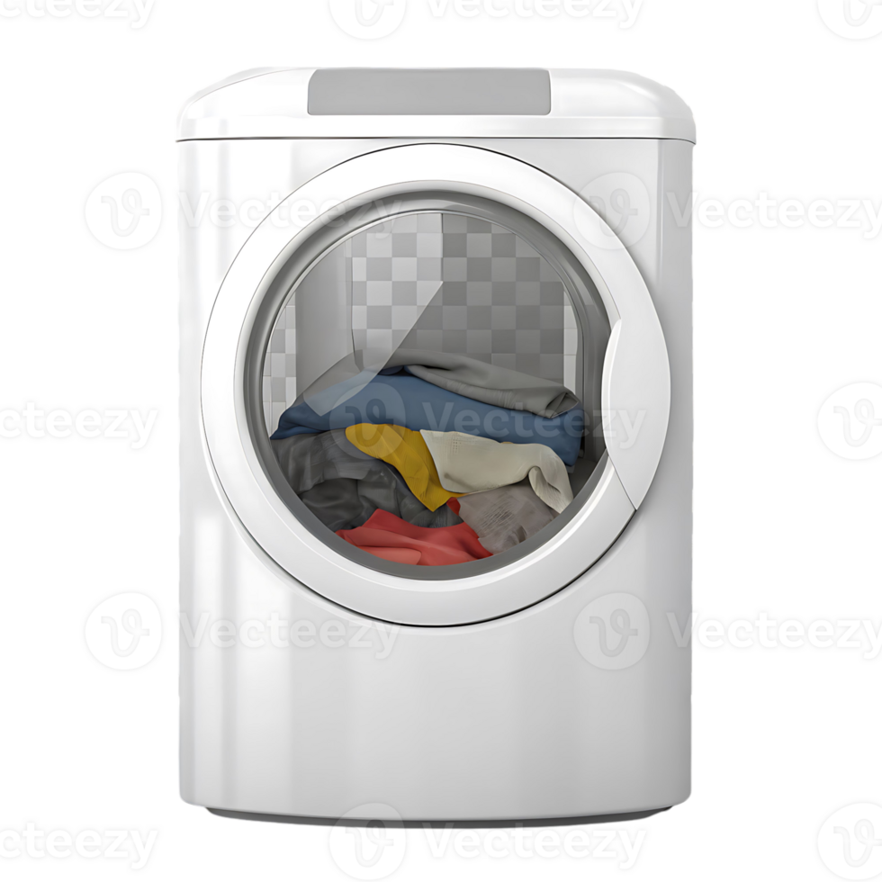 Modern White Front Load Washing Machine with Clothes Inside Ready for Cleaning Cycle png