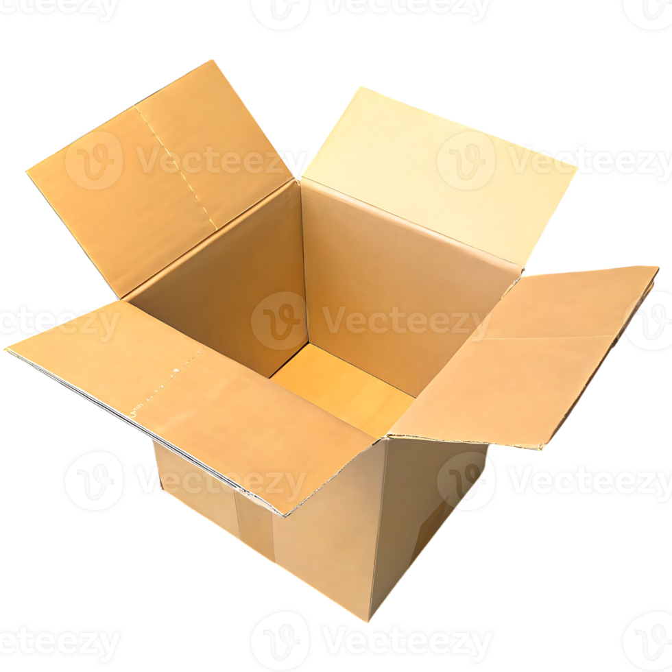 A large open cardboard box on a black background, ready for packing and shipping png