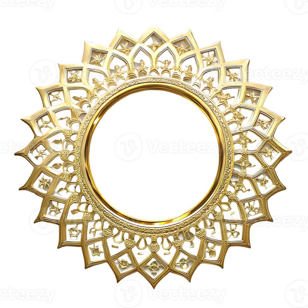Ornate Golden Circular Frame with Intricate Floral and Geometric Design Elements png