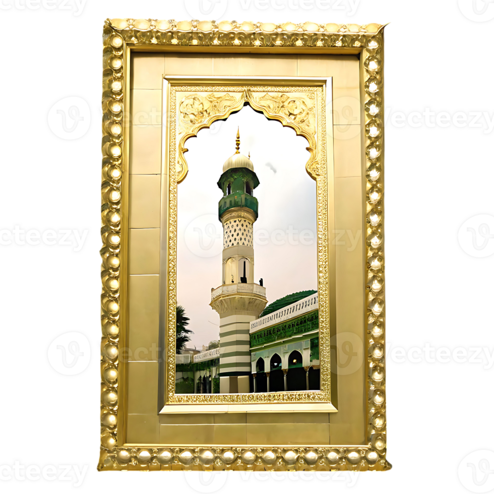 Ornate Golden Frame Enclosing a Mosque Minaret and Building in Detailed View png