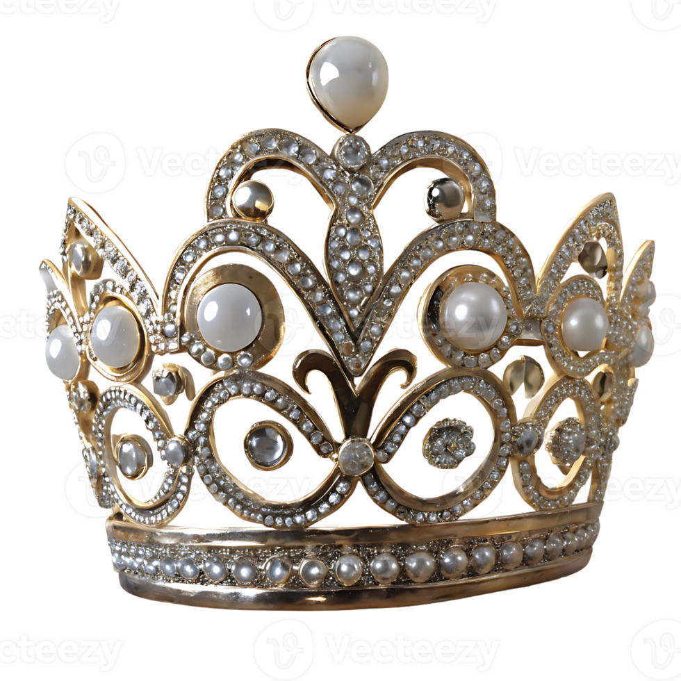 Ornate Gold and Pearl Crown with Intricate Design and Sparkling Gems png