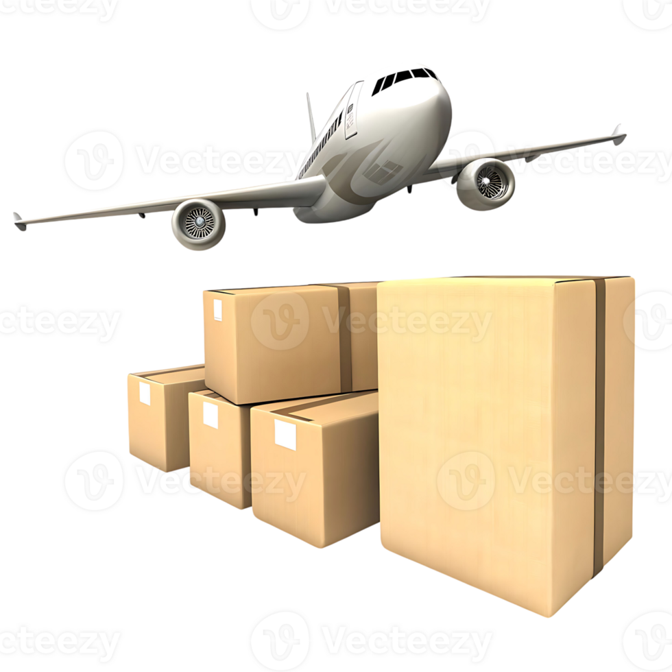 Airplane Flying Over Stack of Cardboard Boxes Representing Air Freight Cargo Delivery Service png