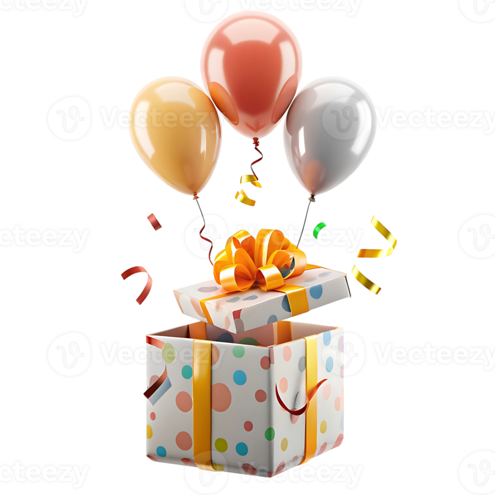 Surprise Gift Box with Balloons and Confetti Celebration png