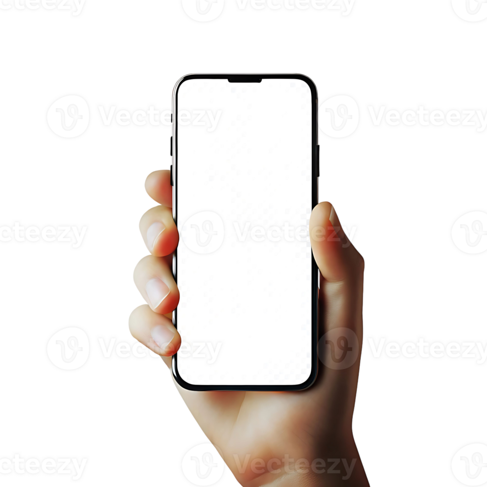 A hand holding a smartphone with a blank white screen against a black background modern technology mobile device app display png