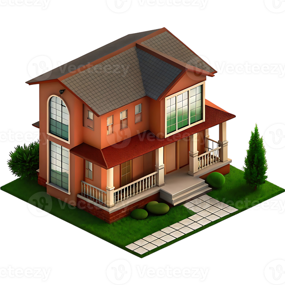 A charming two story red brick house with a large front porch and neatly landscaped yard png