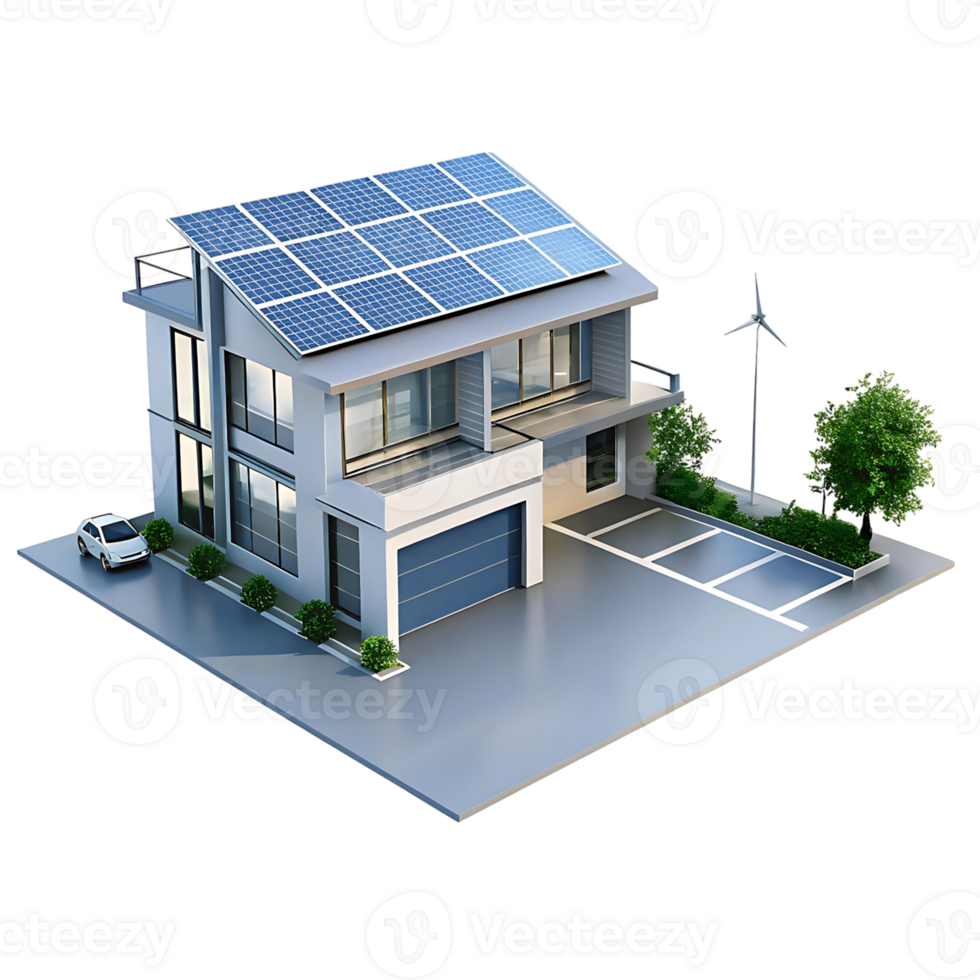 Modern EcoFriendly House with Solar Panels and Wind Turbine png