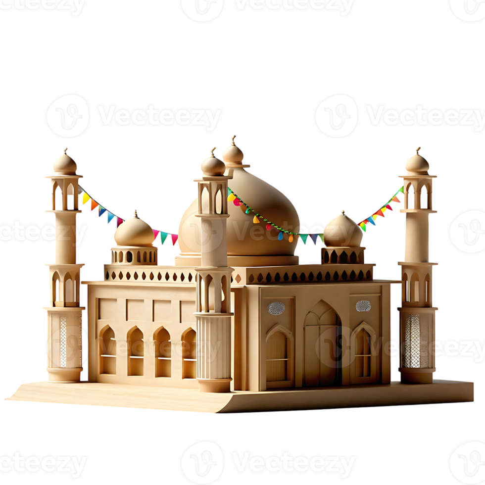 A miniature model of a beautiful beige mosque decorated with colorful flags for Eid celebration png