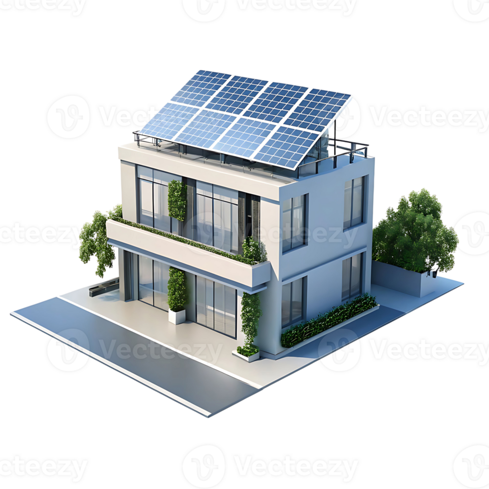 Modern Two Story Eco Friendly House with Rooftop Solar Panels and Landscaping png