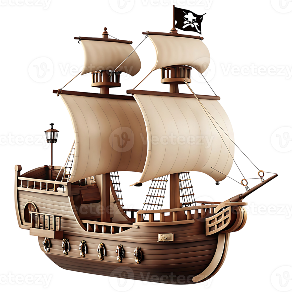 A Detailed Model of a Magnificent Wooden Pirate Galleon Ship with Beige Sails against a Black Background png