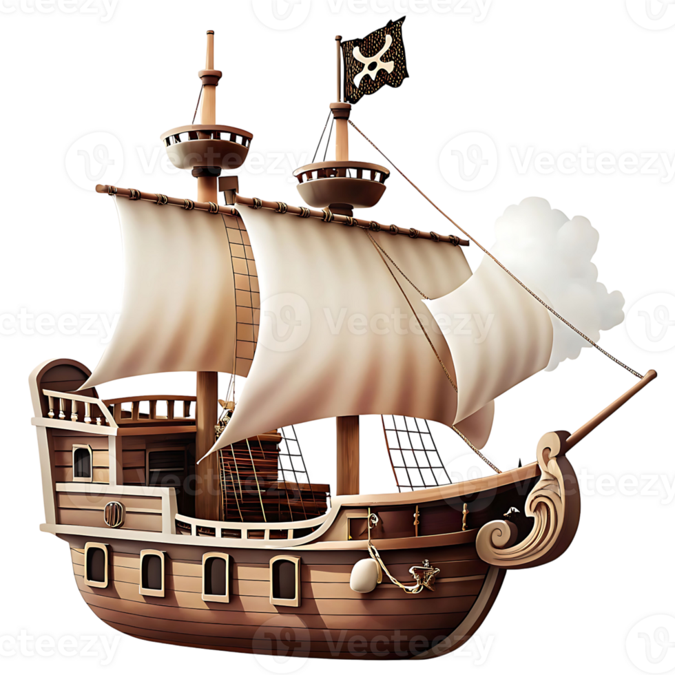A Detailed Illustration of a Classic Wooden Pirate Galleon Ship with White Sails and a Jolly Roger Flag png