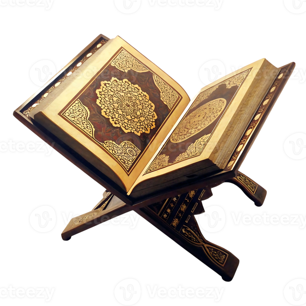 Ornate Quran Stand with Intricate Gold Leaf Designs on Holy Book png