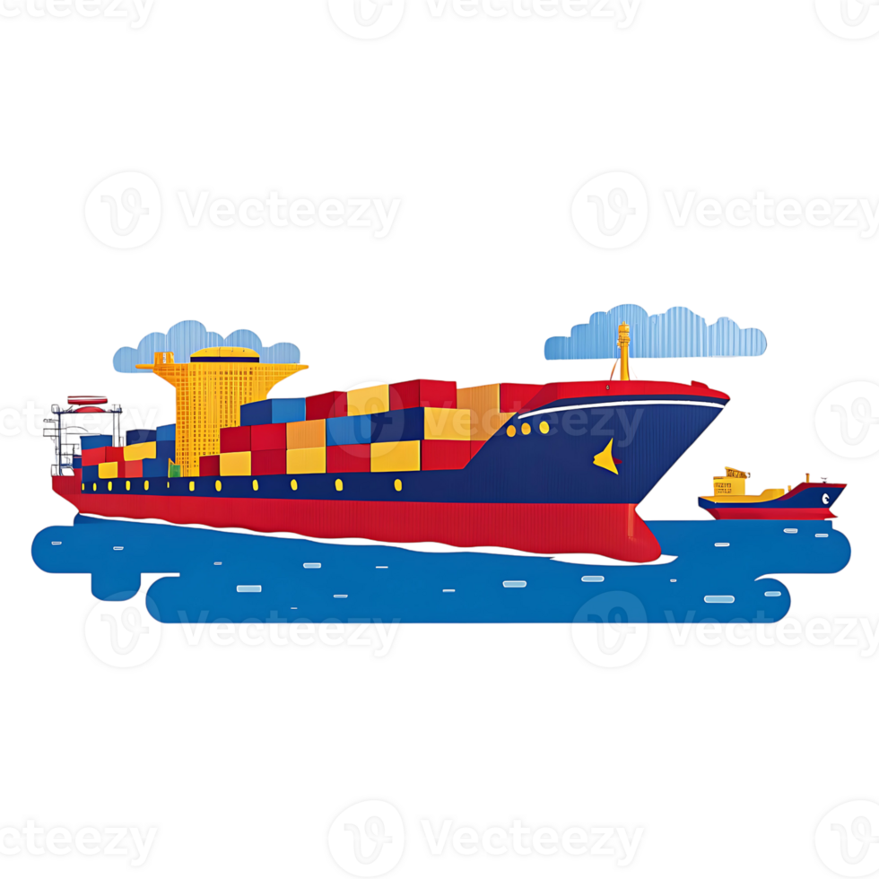 A large container ship sailing on blue water with a smaller tugboat nearby under a partly cloudy sky png