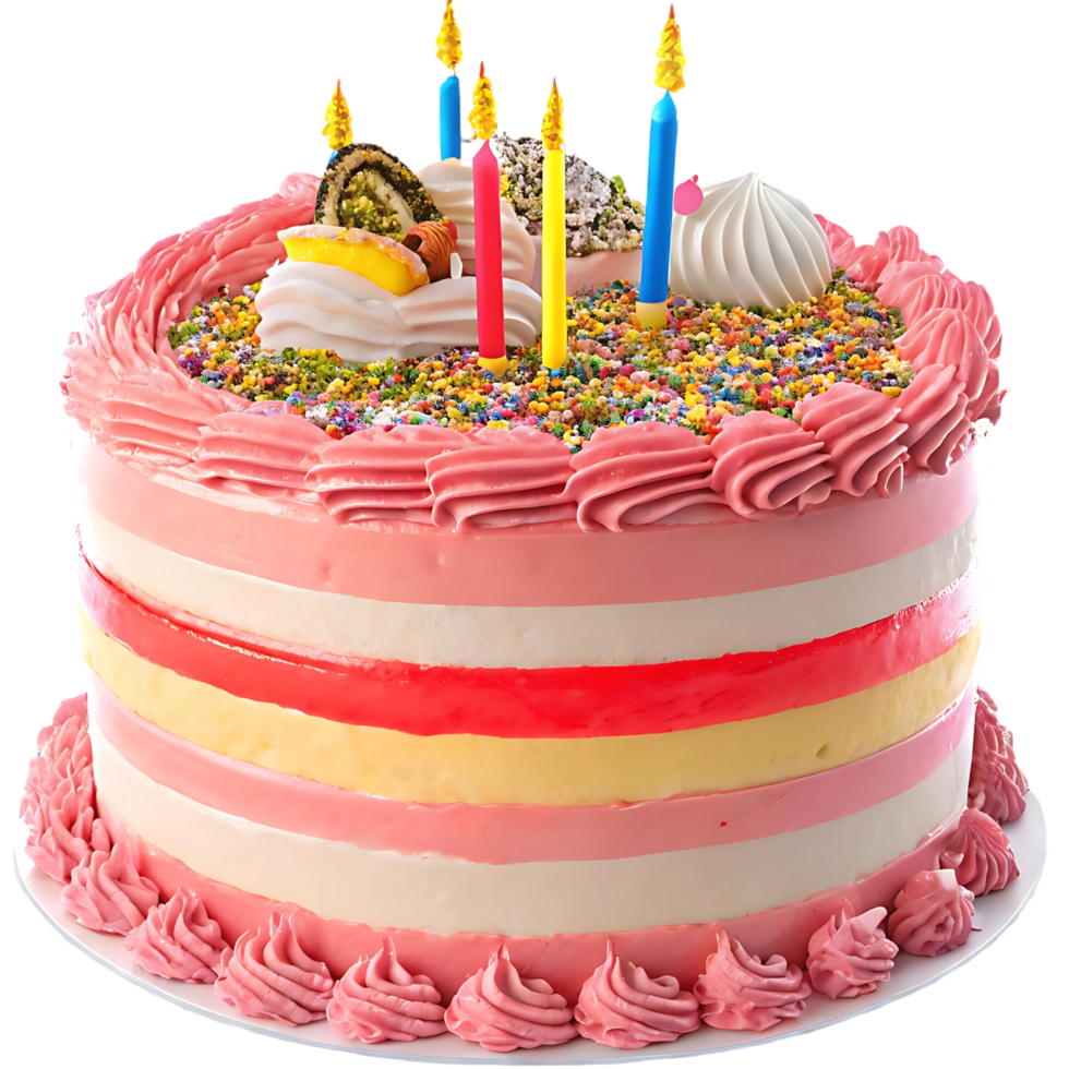 A pink birthday cake with three candles on it png