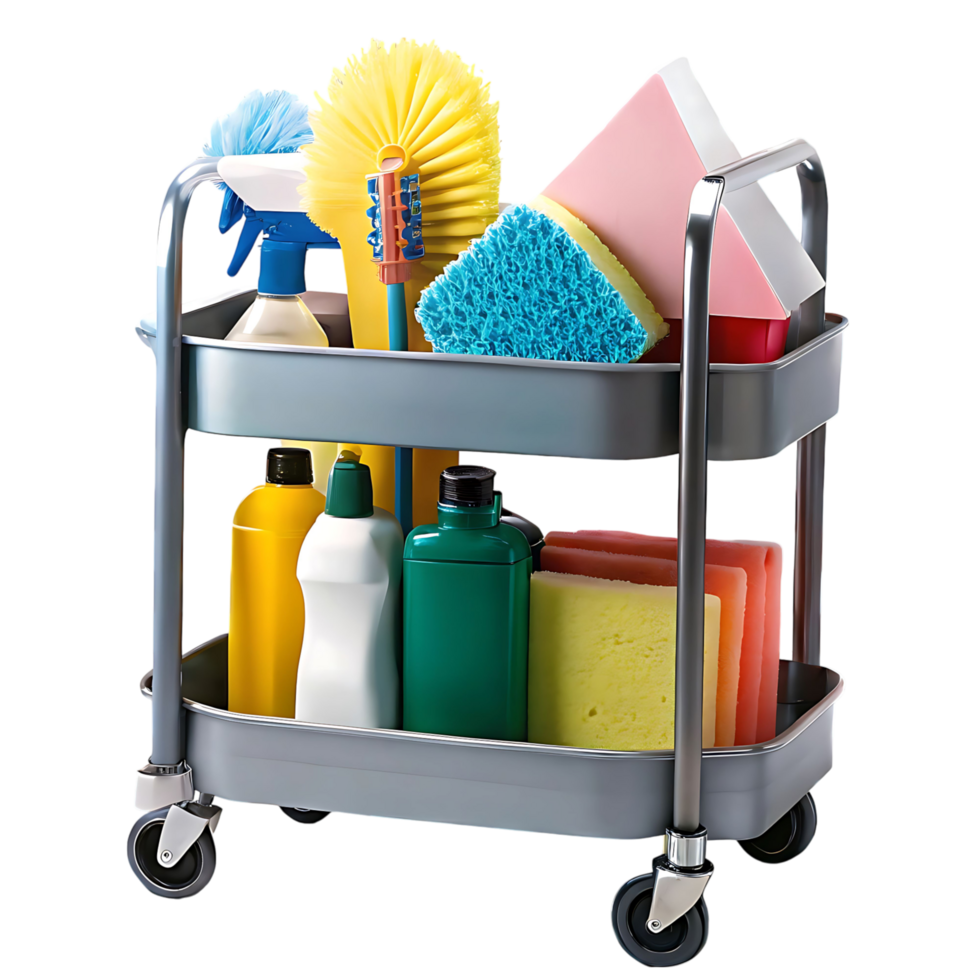 A metal cart with cleaning supplies on it png